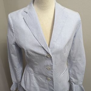 Lauren Ralph Lauren Blue Striped Cotton Blazer Womens Size 4 Long Bell Sleeve